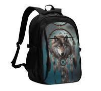 LMNGH Travel Laptop Backpack Business Backpack for Men Women 3D Wolf Dream Catcher Travel Backpack with USB Charging Port