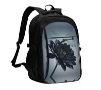 LMNGH Travel Laptop Backpack Business Backpack for Men Women Black flowers and dragonfly Travel Backpack with USB Charging Port