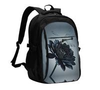 LMNGH Travel Laptop Backpack Business Backpack for Men Women Black flowers and dragonfly Travel Backpack with USB Charging Port