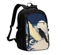 LMNGH Travel Laptop Backpack Business Backpack for Men Women Black Raven Moon Print Travel Backpack with USB Charging Port