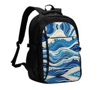 LMNGH Travel Laptop Backpack Business Backpack for Men Women Blue Wave Painting Travel Backpack with USB Charging Port