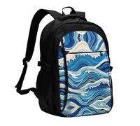 LMNGH Travel Laptop Backpack Business Backpack for Men Women Blue Wave Painting Travel Backpack with USB Charging Port