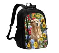 LMNGH Travel Laptop Backpack Business Backpack for Men Women Golden Retriever and Flowers Travel Backpack with USB Charging Port