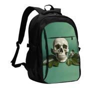 LMNGH Travel Laptop Backpack Business Backpack for Men Women Green background skull and leaves Travel Backpack with USB Charging Port