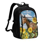 LMNGH Travel Laptop Backpack Business Backpack for Men Women Horse and sunflower Travel Backpack with USB Charging Port