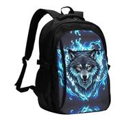 LMNGH Travel Laptop Backpack Business Backpack for Men Women Wolf Head in Blue Flames Travel Backpack with USB Charging Port