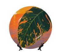 LMNGH Tropical Palm Leaves Bone China Decorative Plate,10in（25cm） Ceramic Decorative Plates with Display Stand,Ceramic Ornaments Art Porcelain Plate for Home Office Wall Decor Collections Plates