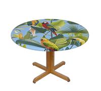 LMNGH Tropical Plants and Parrots Round Spandex Tablecloth 40 Inch, Elastic Fitted Waterproof Tablecloths Stretch Washable Picnic Table Cover for Camping, Dining, Indoor and Outdoor