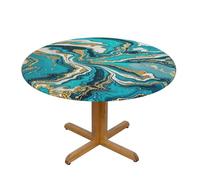 LMNGH Turquoise Blue Gold Marble Round Spandex Tablecloth 55 Inch, Elastic Fitted Waterproof Tablecloths Stretch Washable Picnic Table Cover for Camping, Dining, Indoor and Outdoor
