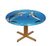 LMNGH Two Dolphins Round Spandex Tablecloth 51 Inch, Elastic Fitted Waterproof Tablecloths Stretch Washable Picnic Table Cover for Camping, Dining, Indoor and Outdoor