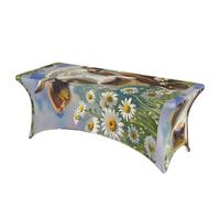 LMNGH Watercolor Cow and Daisy Flower Decorative Tablecloth Protector for Wedding, Banquet & Parties6FT Spandex Rectangle Tablecloths, Stretch Washable Table Cloth Wrinkle Free Patio Table Cover
