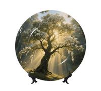 LMNGH White Flowers Tree of Life Bone China Decorative Plate,6in（15cm） Ceramic Decorative Plates with Display Stand,Ceramic Ornaments Art Porcelain Plate for Home Office Wall Decor Collections Plates