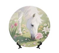 LMNGH White Horse Bone China Decorative Plate,6in（15cm） Ceramic Decorative Plates with Display Stand,Ceramic Ornaments Art Porcelain Plate for Home Office Wall Decor Collections Plates