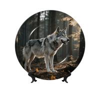 LMNGH Wolf Bone China Decorative Plate,7in Ceramic Decorative Plates with Display Stand,Ceramic Ornaments Art Porcelain Plate for Home Office Wall Decor Collections Plates