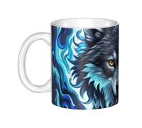 LMNGH Wolf Head In Blue Flames Ceramic Coffee Mug 11oz Novelty Tea Cup With Handle Coffee Cup For Men Women Office Work