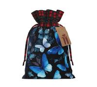 LMNUDS Blue Butterflies White Flowers Printing Color Matching Plaid Drawstring Christmas Bag With Kraft Tag 8.3x11.8 In For Christmas Halloween