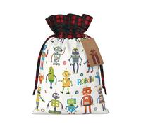 LMNUDS Cute Cartoon Robots Printing Color Matching Plaid Drawstring Bag With Kraft Tag 4.7x6.9 In For Christmas Halloween