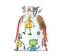LMNUDS Cute Cartoon Robots Printing Drawstring Christmas Bag With Kraft Tag 4.7x6.9 Inch For Halloween Wrapping Gifts