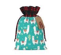 LMNUDS Cute White Llama And Cactus Printing Color Matching Plaid Drawstring Bag With Kraft Tag 4.7x6.9 In For Christmas Halloween