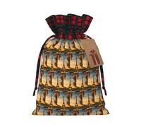 LMNUDS Eiffel Tower Paris Autumn Printing Color Matching Plaid Drawstring Christmas Bag With Kraft Tag 8.3x11.8 In For Christmas Halloween