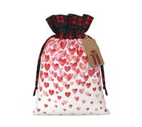 LMNUDS Falling Red Hearts Printing Color Matching Plaid Drawstring Christmas Bag With Kraft Tag 8.3x11.8 In For Christmas Halloween