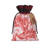 LMNUDS Flamingo Printing Color Matching Plaid Drawstring Christmas Bag With Kraft Tag 8.3x11.8 In For Christmas Halloween