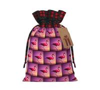 LMNUDS Pink Flamingo Pattern Printing Color Matching Plaid Drawstring Bag With Kraft Tag 4.7x6.9 In For Christmas Halloween