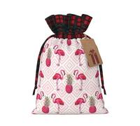 LMNUDS Pink Flamingo Pineapple Printing Color Matching Plaid Drawstring Christmas Bag With Kraft Tag 8.3x11.8 In For Christmas Halloween