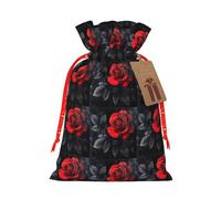 LMNUDS Red Rose And Black Leaves Printing Drawstring Christmas Bag With Kraft Label 4.7x6.9 Inch For Halloween Packaging Gifts