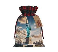 LMNUDS Statue Of Liberty In Nyc Printing Color Matching Plaid Drawstring Bag With Kraft Tag 4.7x6.9 In For Christmas Halloween
