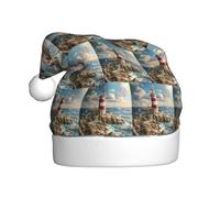 LMNUDS The Seaside Lighthouse Printing Holiday Plush Unique Stylish Adult Women Men Santa Hat Winter Christmas Hats Xmas Party Caps