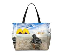 LMNvbz Boat Beach Sunrise Time Nautical Print Large Beach Bag Tote With Zipper And Wet Pocket, Women'S Waterproof Foldable Travel Bags, For Pool, Cruise And Swim