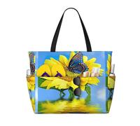 LMNvbz Butterfly Collect Nectar On Sunflower Print Large Beach Bag Tote With Zipper And Wet Pocket, Women'S Waterproof Foldable Travel Bags, For Pool, Cruise And Swim