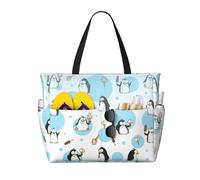 LMNvbz Cute Penguins Print Large Beach Bag Tote With Zipper And Wet Pocket, Women'S Waterproof Foldable Travel Bags, For Pool, Cruise And Swim