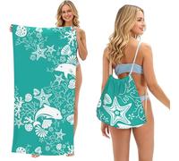 LMNvbz Dolphins Flowers Sea Starfish Coral Seashell Print 2 In 1 Packable Beach Towel Bag, Quick Dry Backpack Microfiber Mat For Camping, Travel, Vacation, Cruise, And Picnic