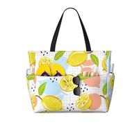 LMNvbz Fruits Lemon Print Large Beach Bag Tote With Zipper And Wet Pocket, Women'S Waterproof Foldable Travel Bags, For Pool, Cruise And Swim