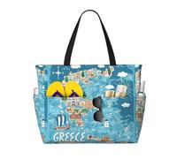LMNvbz Greece Map Print Large Beach Bag Tote With Zipper And Wet Pocket, Women'S Waterproof Foldable Travel Bags, For Pool, Cruise And Swim