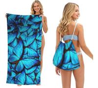 LMNvbz Many Blue Butterfly Print 2 In 1 Packable Beach Towel Bag, Quick Dry Backpack Microfiber Mat For Camping, Travel, Vacation, Cruise, And Picnic