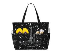LMNvbz Night Paris Eiffel Tower Print Large Beach Bag Tote With Zipper And Wet Pocket, Women'S Waterproof Foldable Travel Bags, For Pool, Cruise And Swim