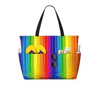 LMNvbz Rainbow Striped Print Large Beach Bag Tote With Zipper And Wet Pocket, Women'S Waterproof Foldable Travel Bags, For Pool, Cruise And Swim