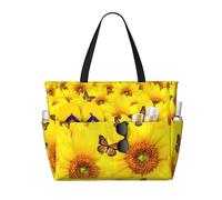 LMNvbz Yellow Flowers Butterflies Print Large Beach Bag Tote With Zipper And Wet Pocket, Women'S Waterproof Foldable Travel Bags, For Pool, Cruise And Swim