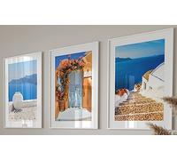 Lmovutcom Santorini Landscape Set of 3 Unframed Prints, Greek Island Wall Art, Luxury Oceanic Print, Home Decor, Vase Doorway Steps, White Orange Blue, Mediterranean style