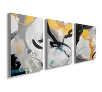 Lmovutcom Unframed 3 Piece Canvas Wall Art, Black Yellow Abstract Prints, Bold Brush Strokes & Teal Accents on White Background Painting, Contemporary Wall Decor for Living Room