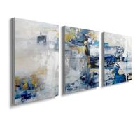 Lmovutcom Unframed 3 Piece Canvas Wall Art, Blue Gold Abstract Prints, Muted Brush Strokes & Gold Foil Accents on White Background Canvas Poster, Luxury Wall Decor for Living Room