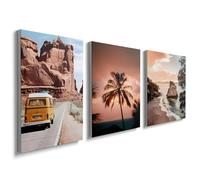 Lmovutcom Unframed 3 Piece Canvas Wall Art, Road Trip Desert & Tropical Beach Prints, Yellow Van, Red Rock & Palm Tree Landscape Posters, Travel Wall Decor for Living Room Bedroom Home