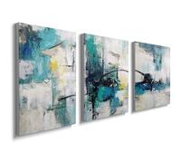 Lmovutcom Unframed 3 Piece Canvas Wall Art, Teal Blue Abstract Prints, Modern Brush Strokes & Yellow Accents on White Background Pictures, Contemporary Wall Decor for Living Room