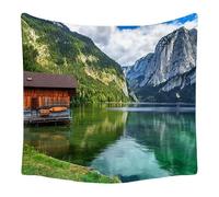 Lmovutcom Wooden house with snow-capped mountains in the south and forest lake in the north, large wall hanging tapestry, fabric tapestry, fabric background decoration, for home wall decoration
