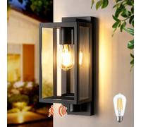 LMP Dawn to Dusk PIR Outdoor Wall Lights Mains Powered, Outside Porch Light with Motion Sensor Down Coach Lantern Black, LED Traditional External Lighting Exterior Front Door Lamp (E27 Included)