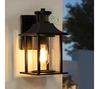 LMP Outside Lights with Motion Sensor, PIR Outdoor Wall Light Mains Powered Retro Dusk Till Dawn Porch Front Door Down Lantern, Black LED External Exterior Security Sconce(E27 Bulb Included)