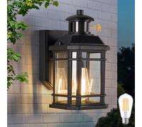 LMP Outside Lights with Sensor - PIR Dawn to Dusk Outdoor Wall Light Mains Powered Retro Motion Sensor Porch Down Coach Lantern Front Door, Black External Exterior Security Lighting (E27 Included)